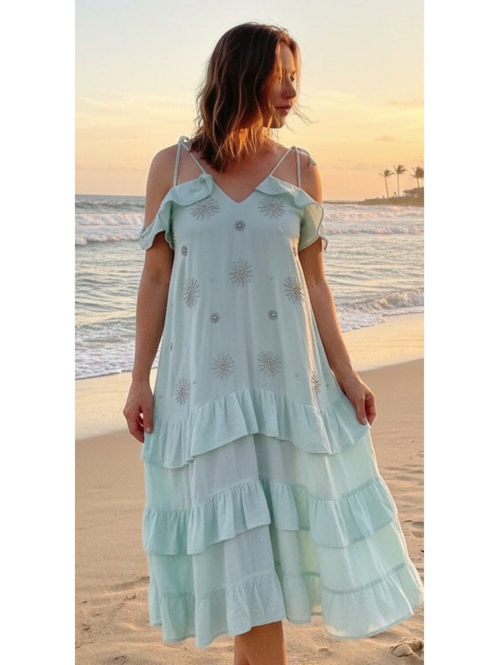 Sundress linen tiered Ruffle midi dress